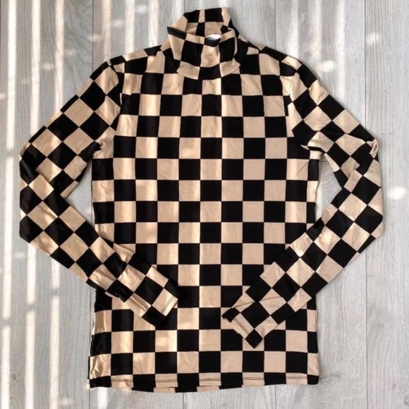 Checkered turtleneck long-sleeved knit top - Picture 7 of 11
